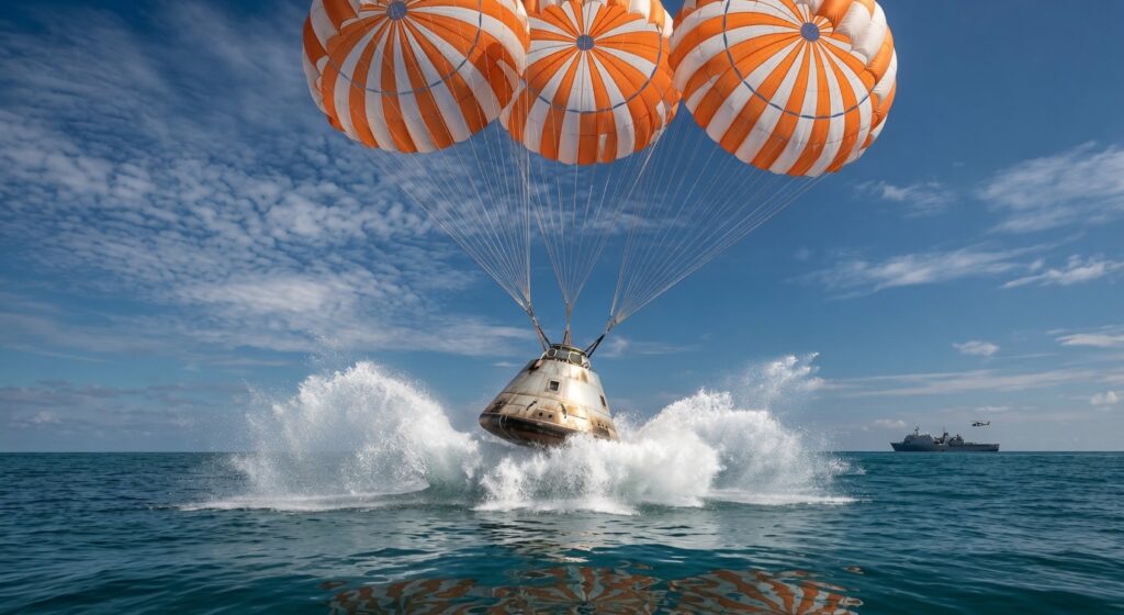a cápsula Orión descendiendo con sus tres paracaídas gigantes sobre el azul intenso del Pacífico.
