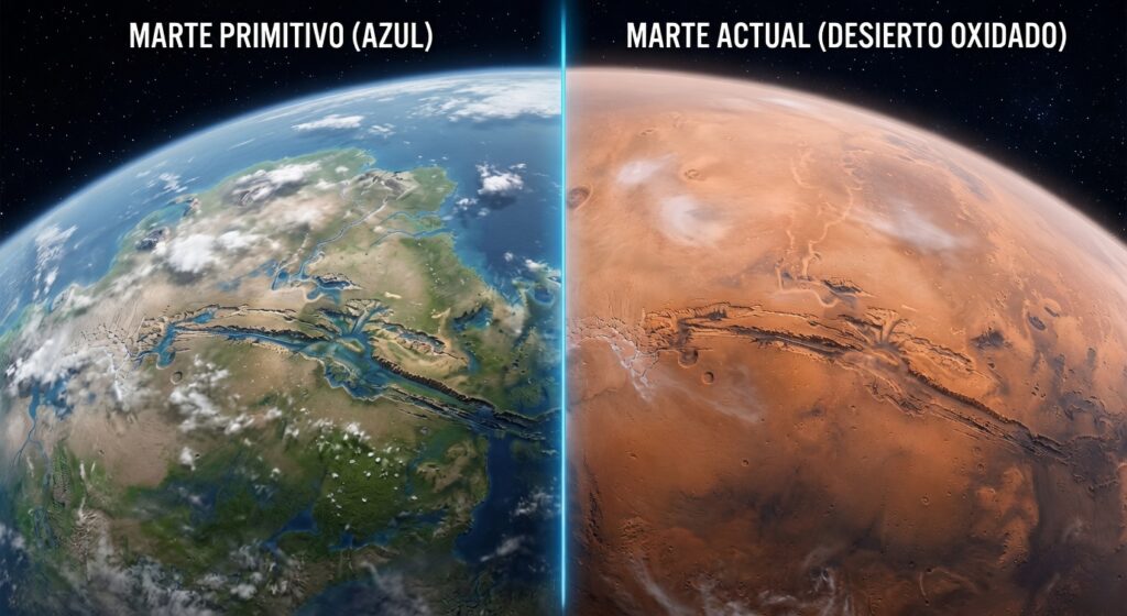 El punto de inflexión en la historia marciana fue la pérdida de su campo magnético. Al enfriarse su núcleo, el planeta quedó desprotegido ante el implacable viento solar. Sin un escudo protector, la radiación comenzó a "limpiar" la atmósfera, evaporando los océanos y transformando el agua líquida en nubes de vapor que se perdieron en el espacio profundo. Lo que quedó fue un proceso de oxidación global que dio a Marte su característico tono carmesí.