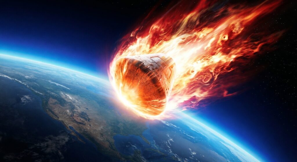 na representación del escudo térmico de Orión brillando al rojo vivo durante la entrada atmosférica.